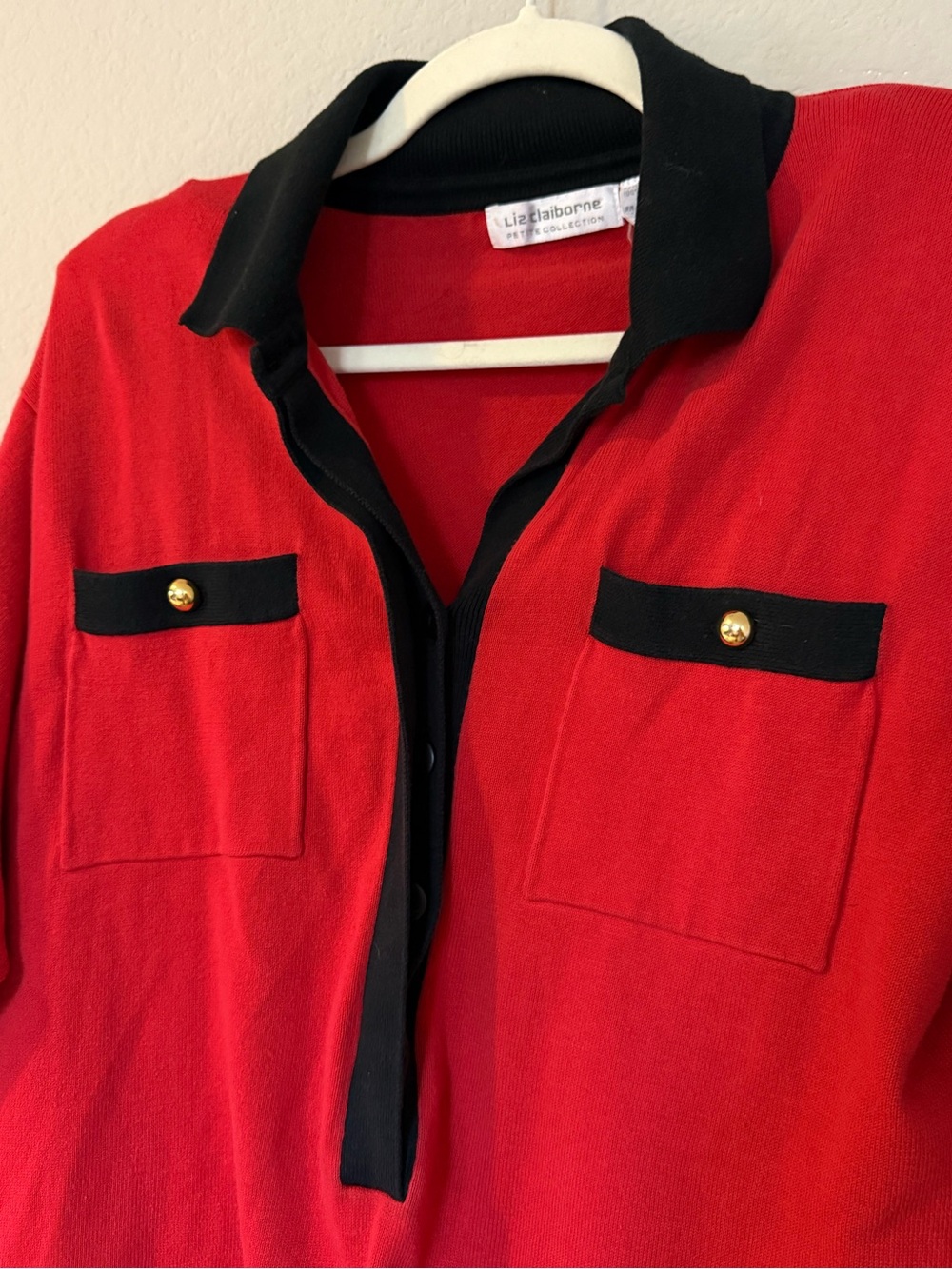 Vintage 90s Red Black Blouse Gold Button Preppy Old Money 100% Cotton Petite L - Picture 3 of 5